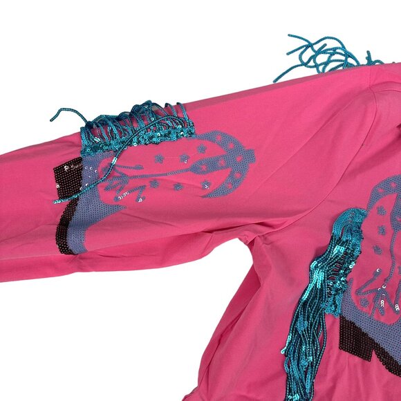 Blue B. Collection Hot Pink Sequin Cowboy Boot Print Button-Down Shirt Size M - Picture 7 of 8
